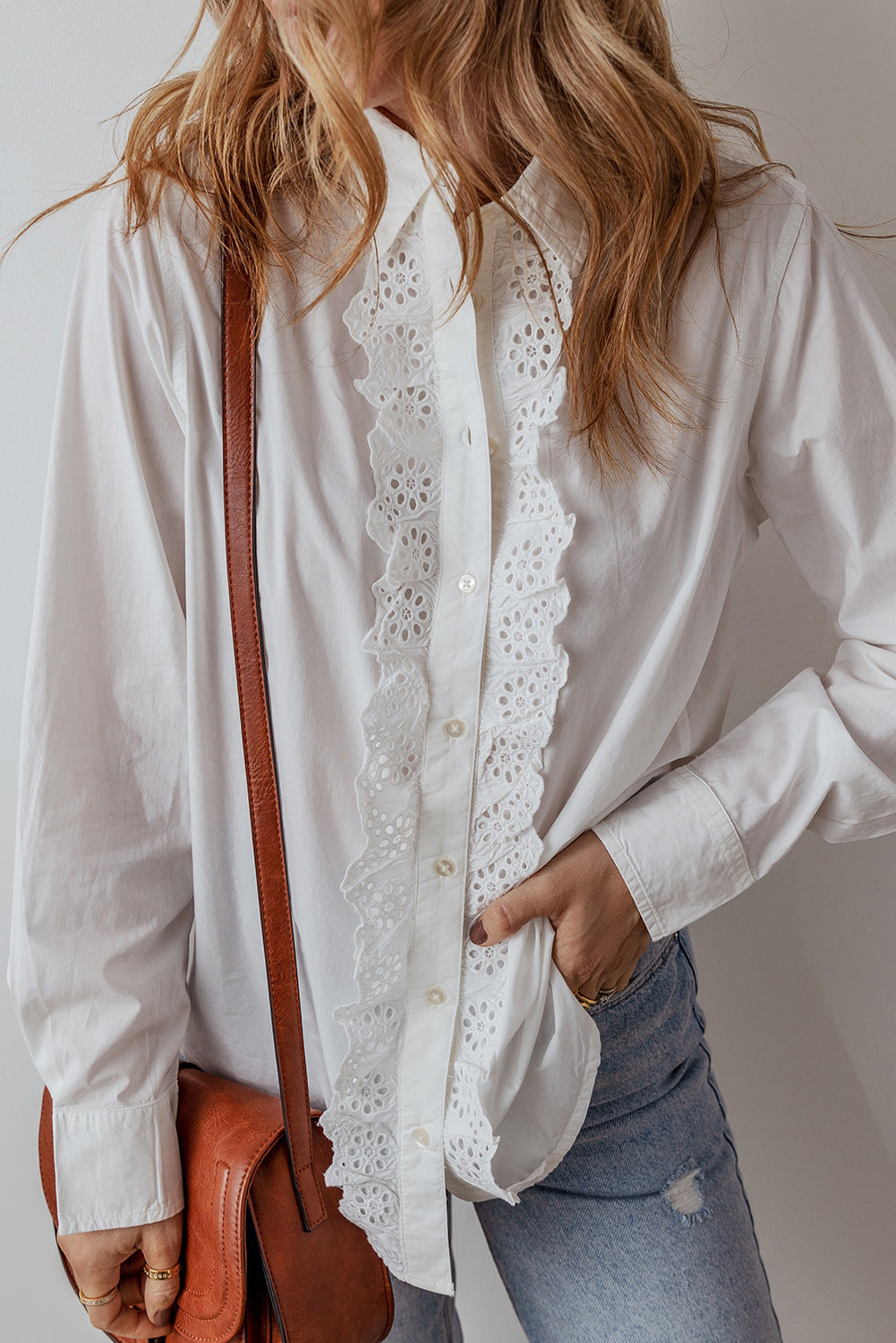 Lace Crochet Trim Turn Down Collar Buttoned Shirt