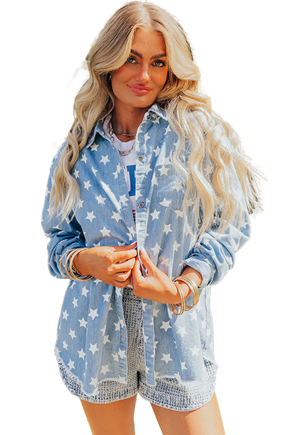 Star Print Light Wash Raw Hem Denim Jacket