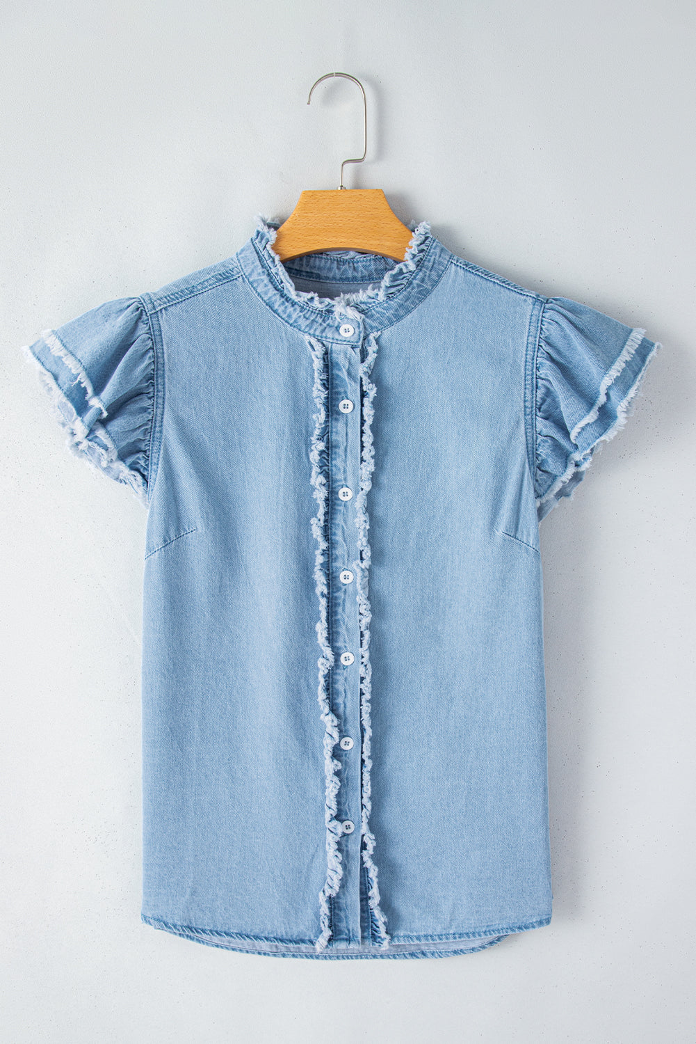 Beau Blue Button Front Ruffled Flutter Frayed Denim Top