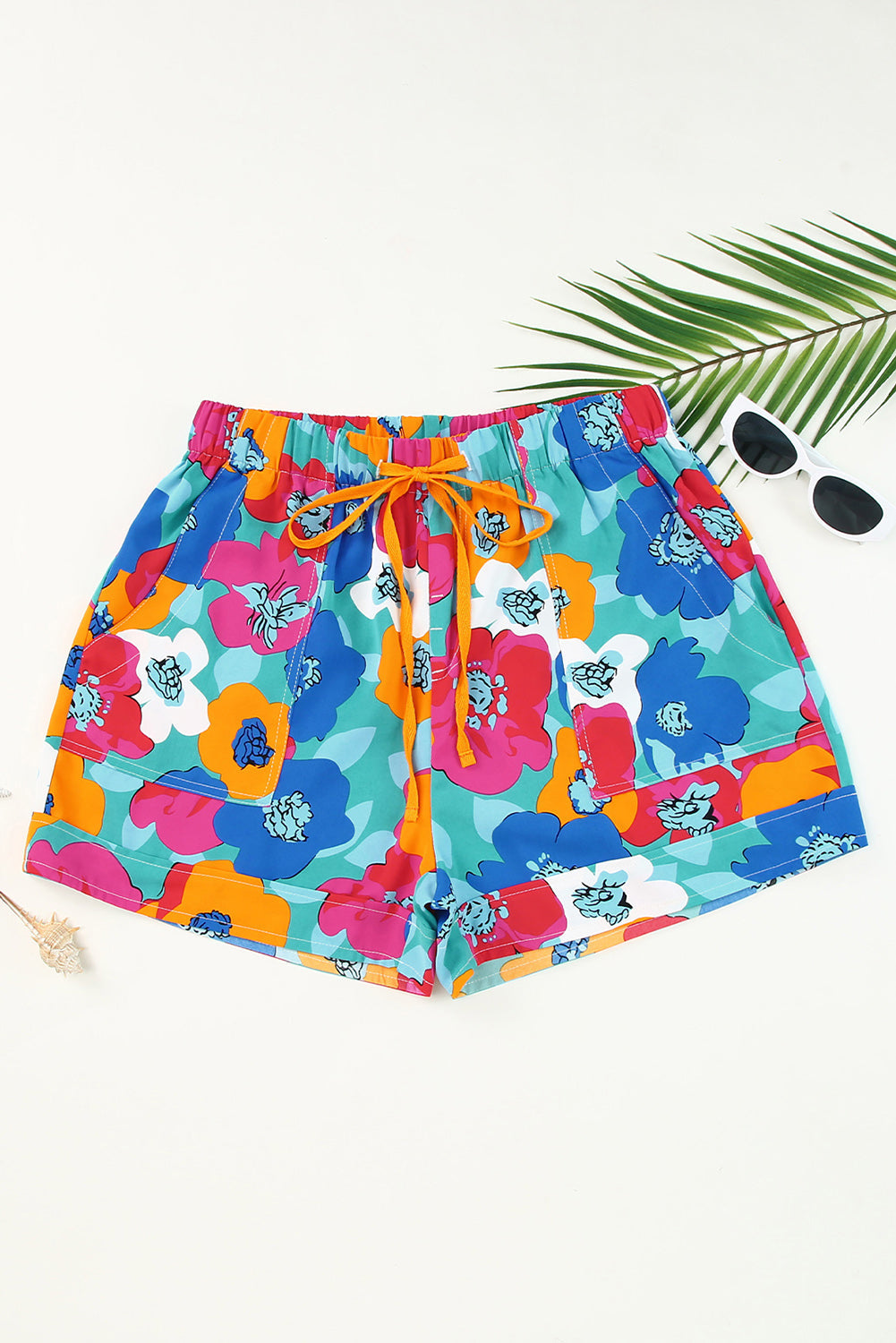 Multicolor Floral Print Drawstring Elastic Waist Casual Shorts