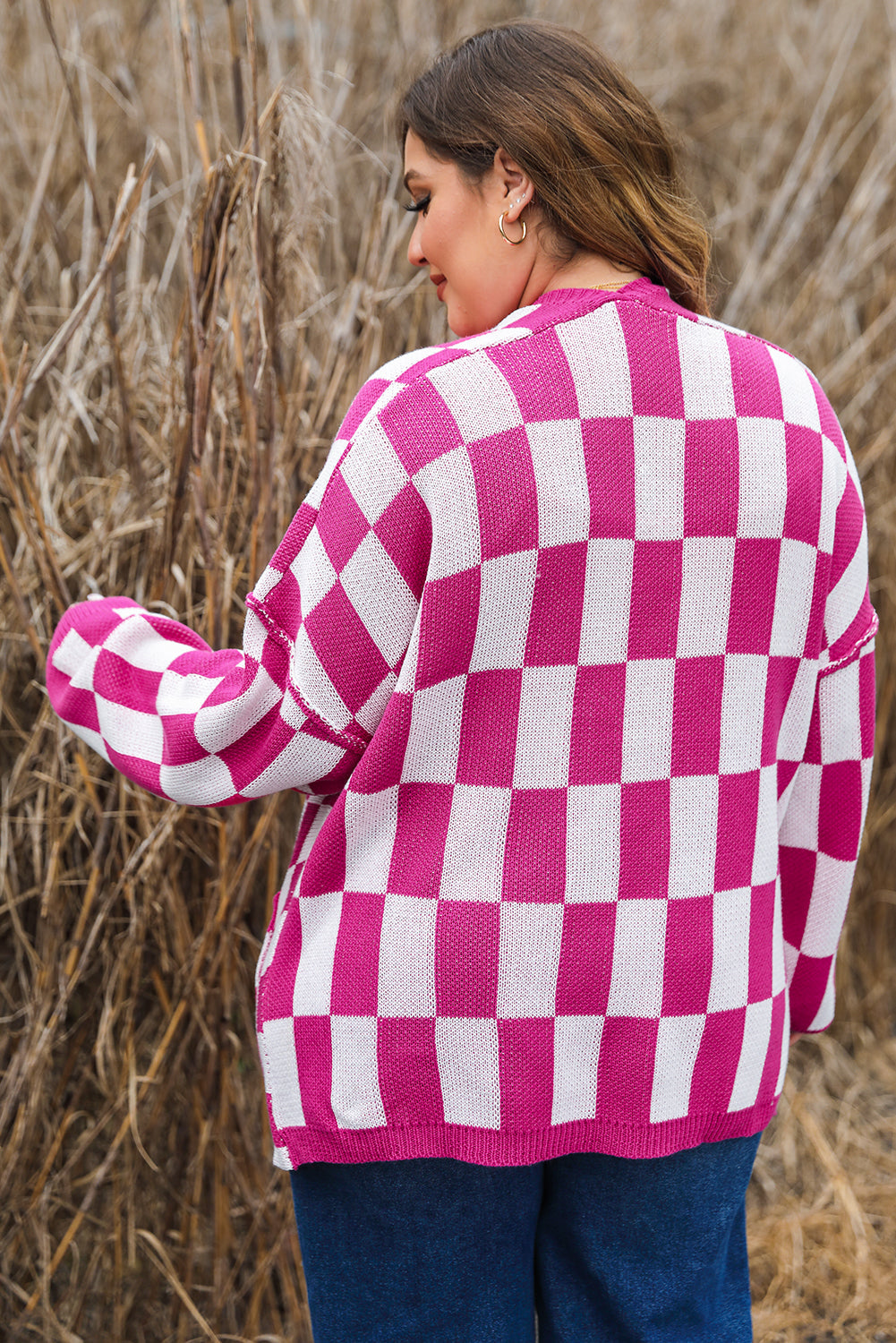 Checkered Pattern Open Front Plus Size Cardigan