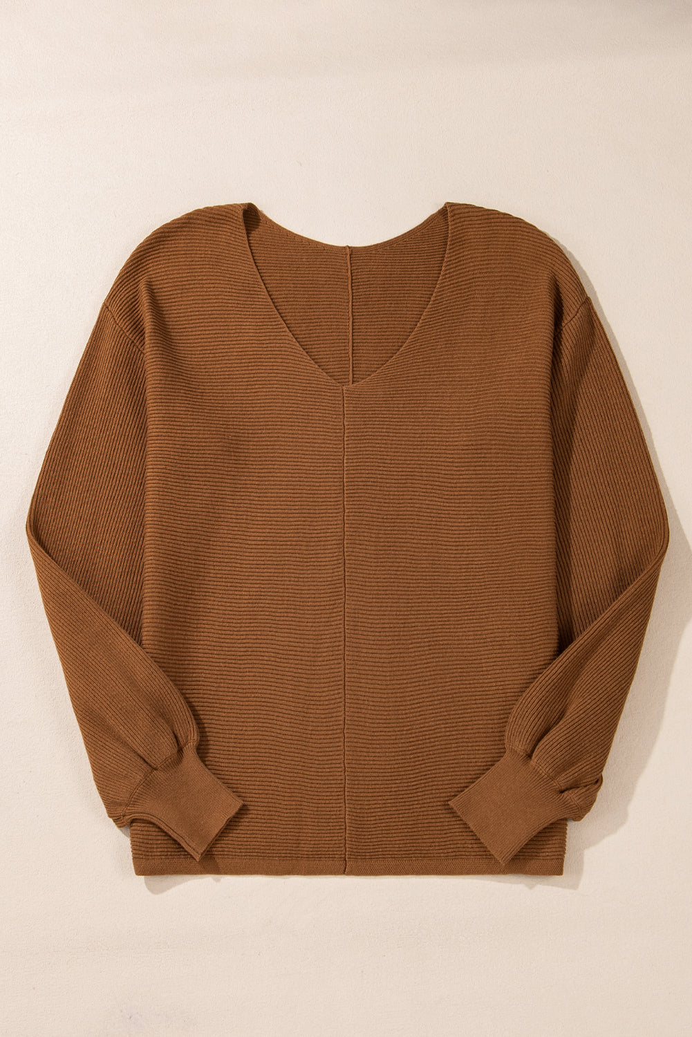 Ribbed Knit Drop Sleeve V Neck Loose Fit Sweater