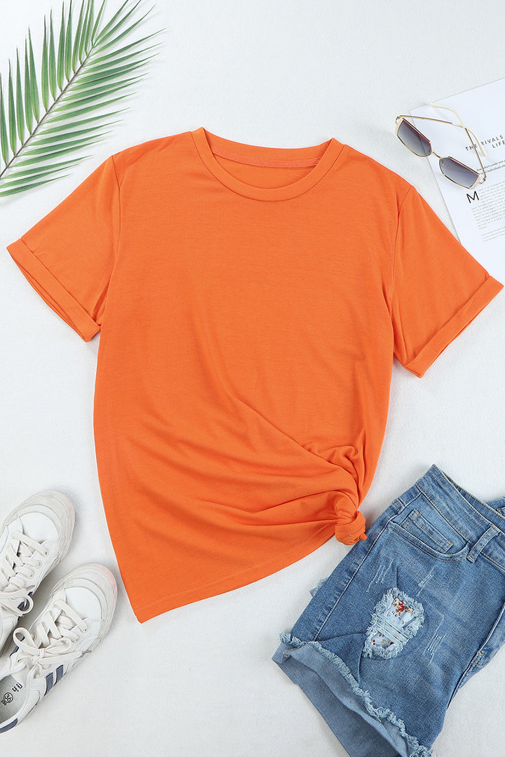 Orange Solid Color Crew Neck Tee