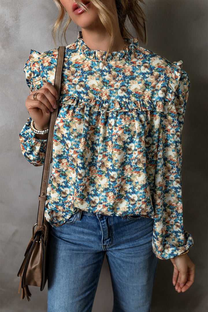 Floral Print Frilled Mock Neck Puff Sleeve Blouse