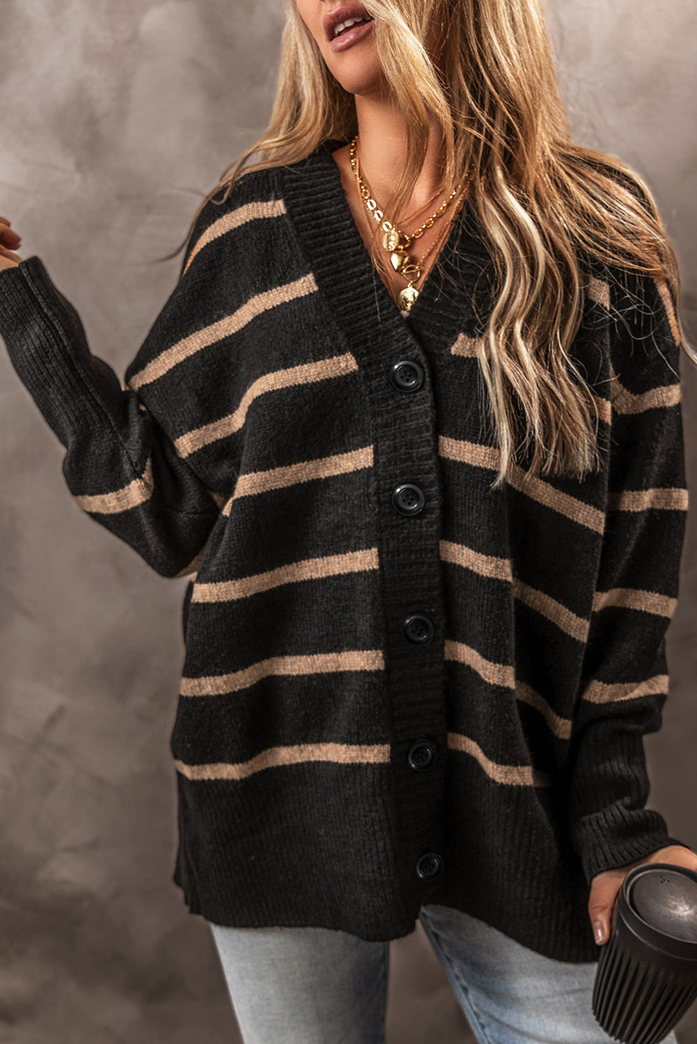 Buttoned V Neck Drop Shoulder Loose Cardigan