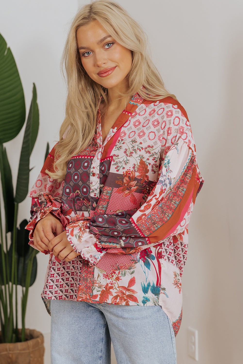 Boho Geometric Mixed Print Patchwork Bubble Sleeve Shirt