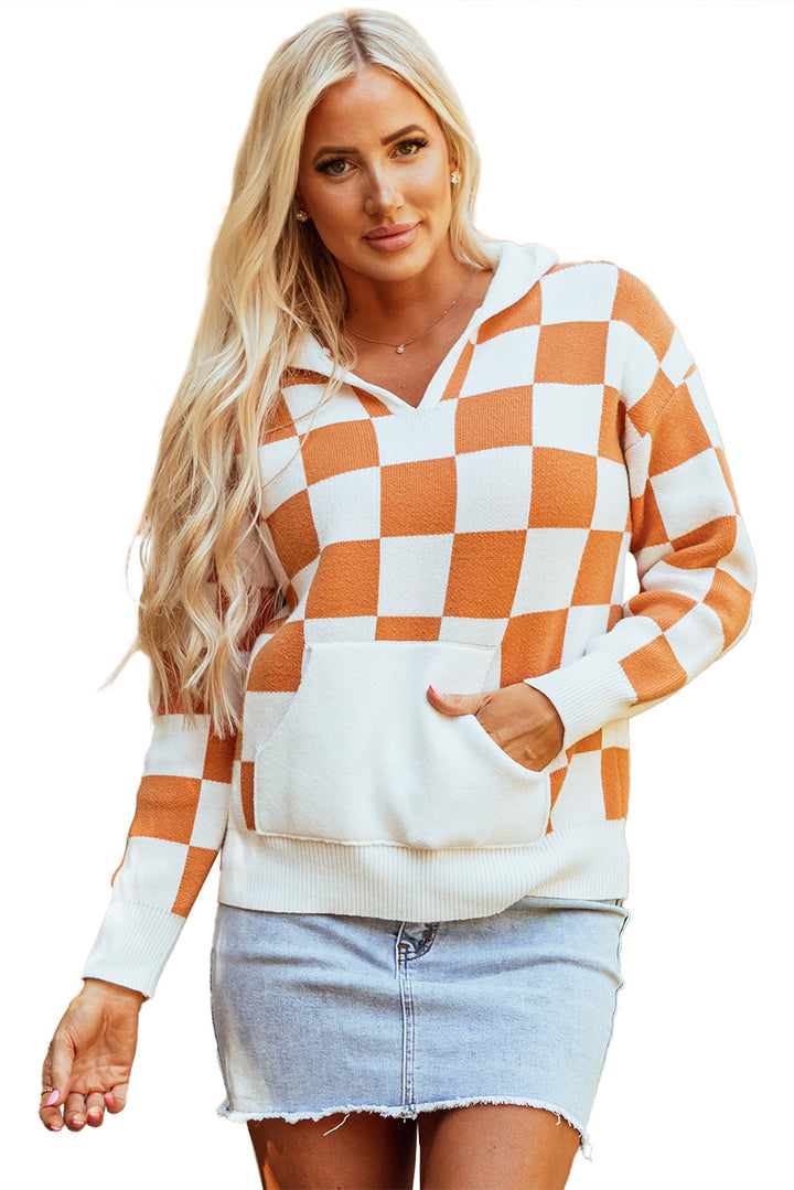 Checkered Split Neck Contrast Kangaroo Pocket Hooded Sweater