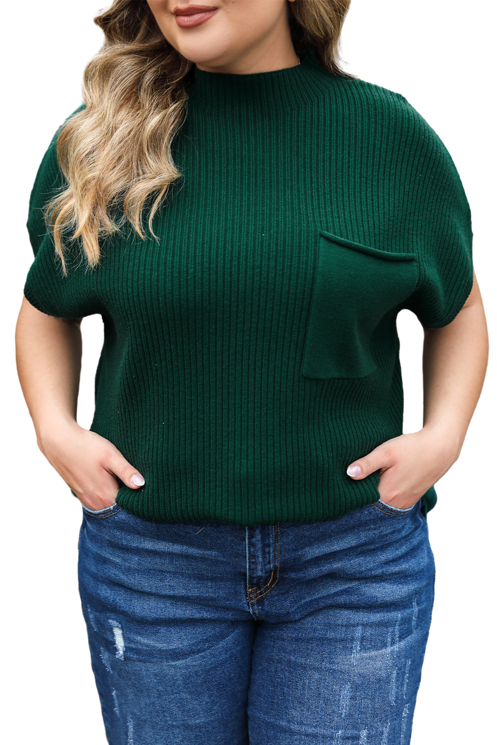 Plus Size Mock Neck Chest Pocket Short Sleeve Sweater