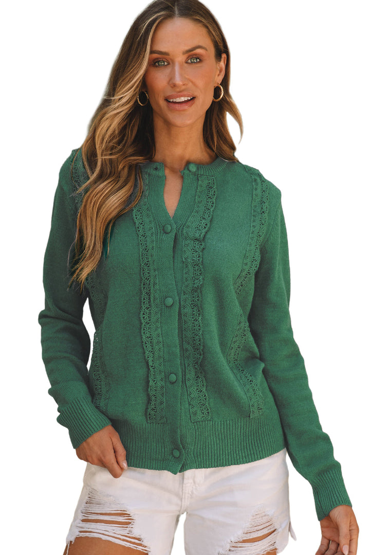 Lace Trim Ribbed Round Neck Button Up Cardigan