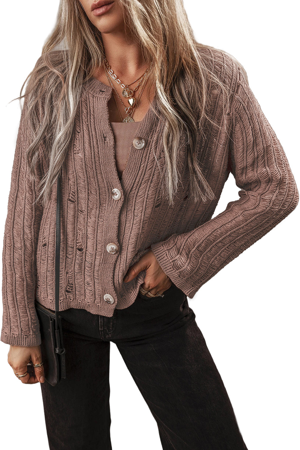 Cut Out Textured Knit Buttoned Cardigan