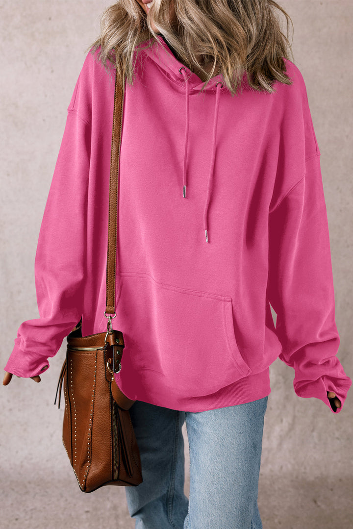 Solid Kangaroo Pocket Drawstring Loose Fit Hoodie