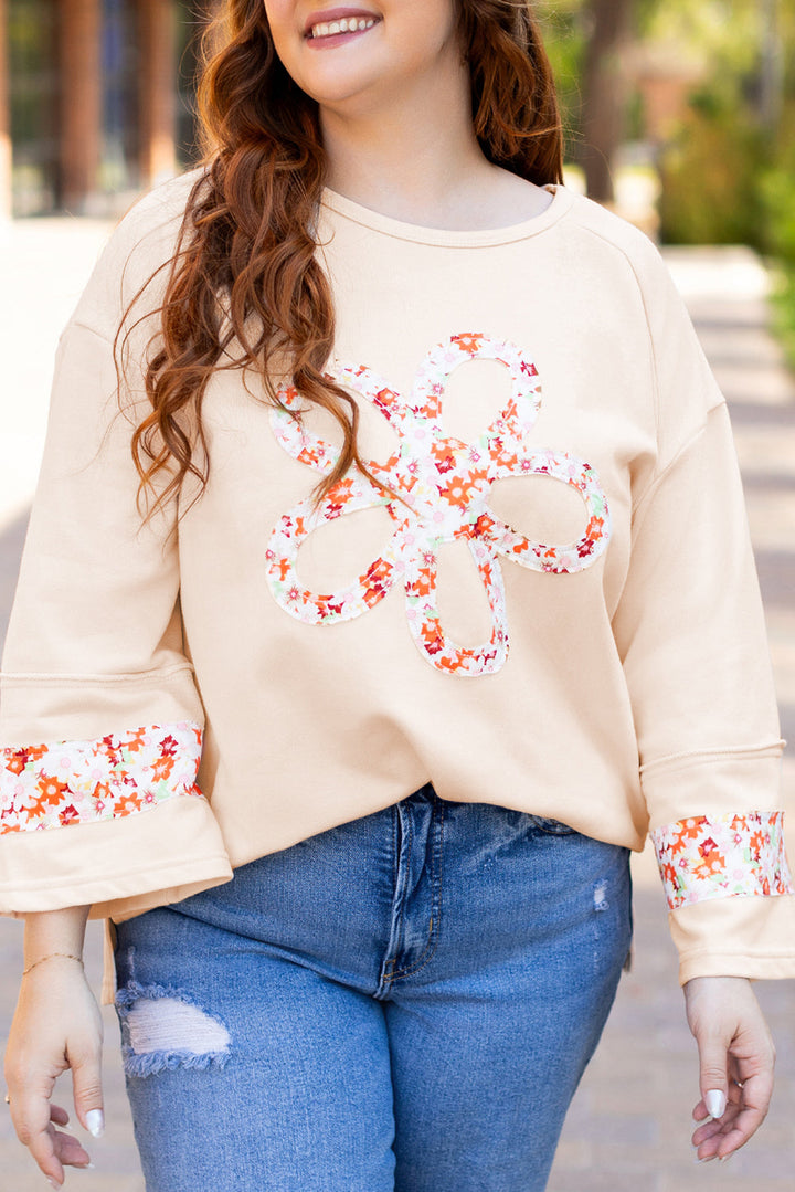 Plus Size Flower Patched Side Slits Crewneck Top