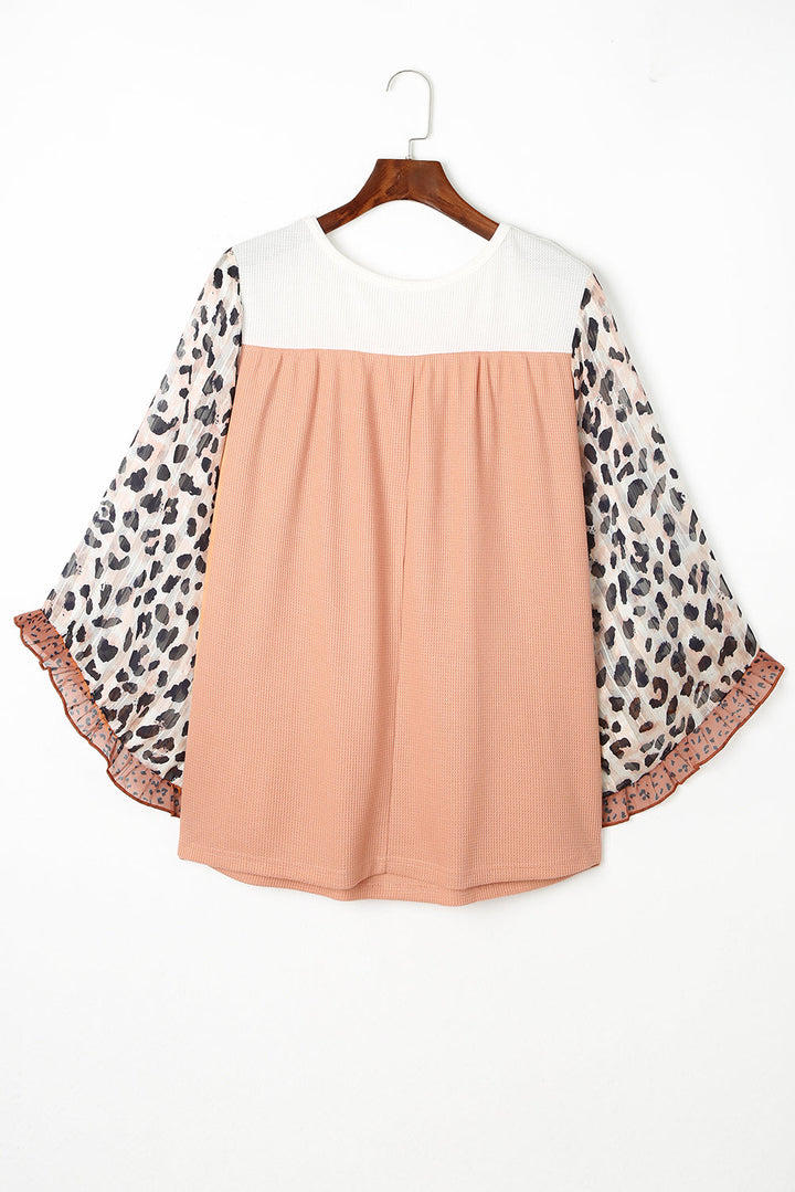 Plus Ruffle Leopard Sleeve Waffled Color Block Top