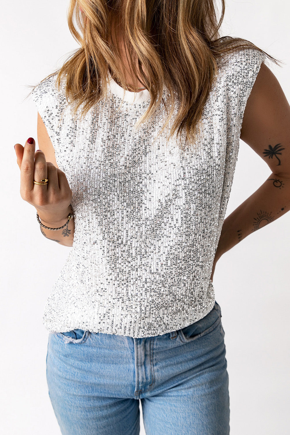 Sequin Round Neck Tank Top