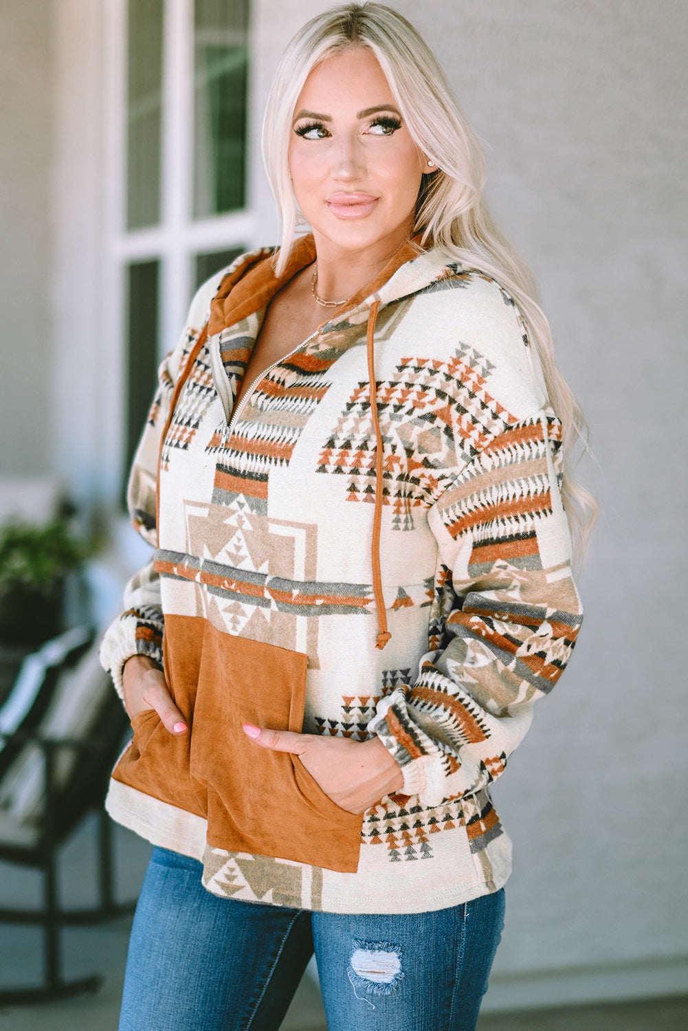 Aztec Print Kangaroo Pocket Half-Zip Hoodie