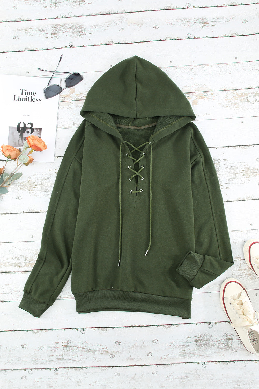 Casual Solid Color Lace-up Hoodie