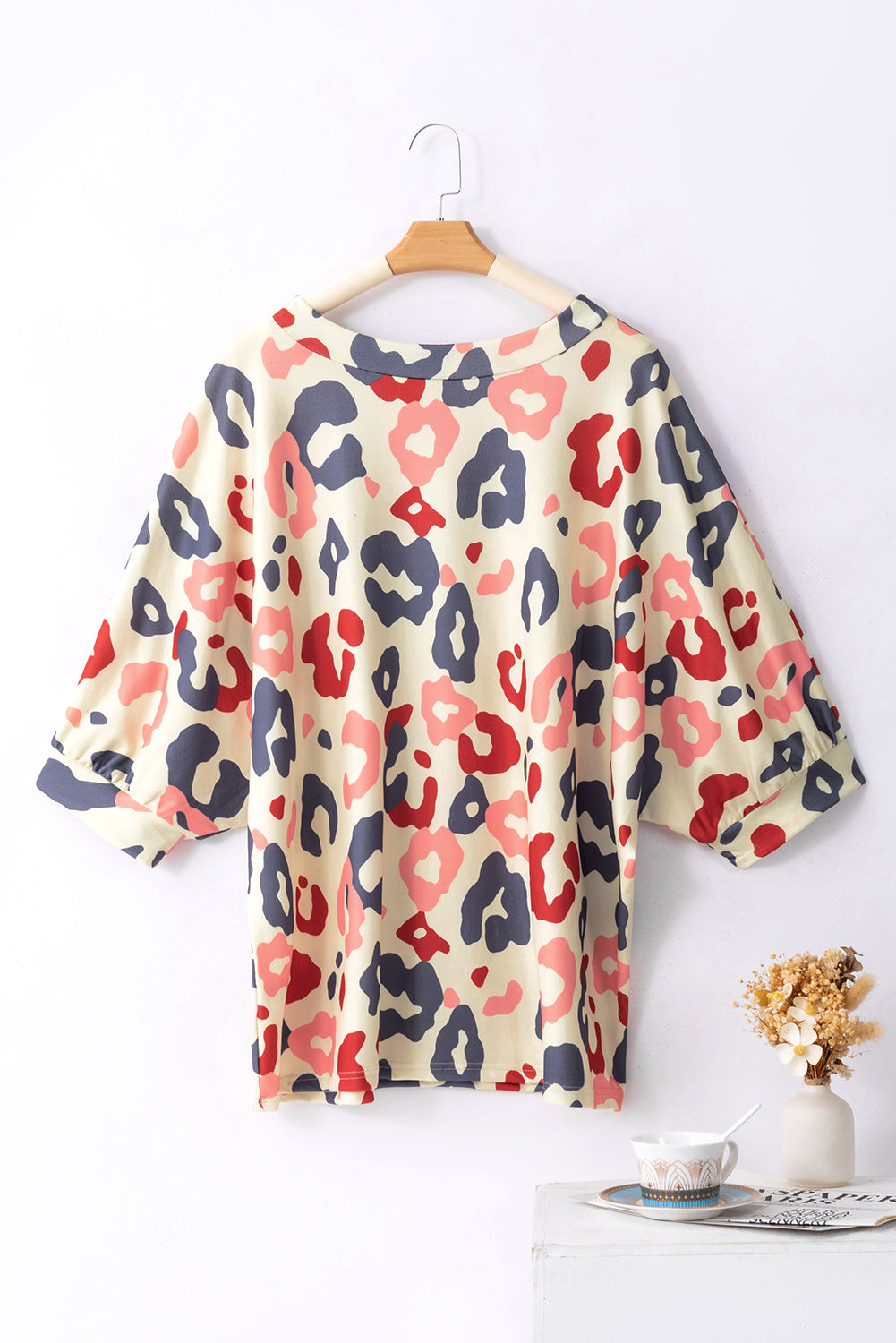 Colorful Leopard Print Batwing Sleeve Plus Blouse