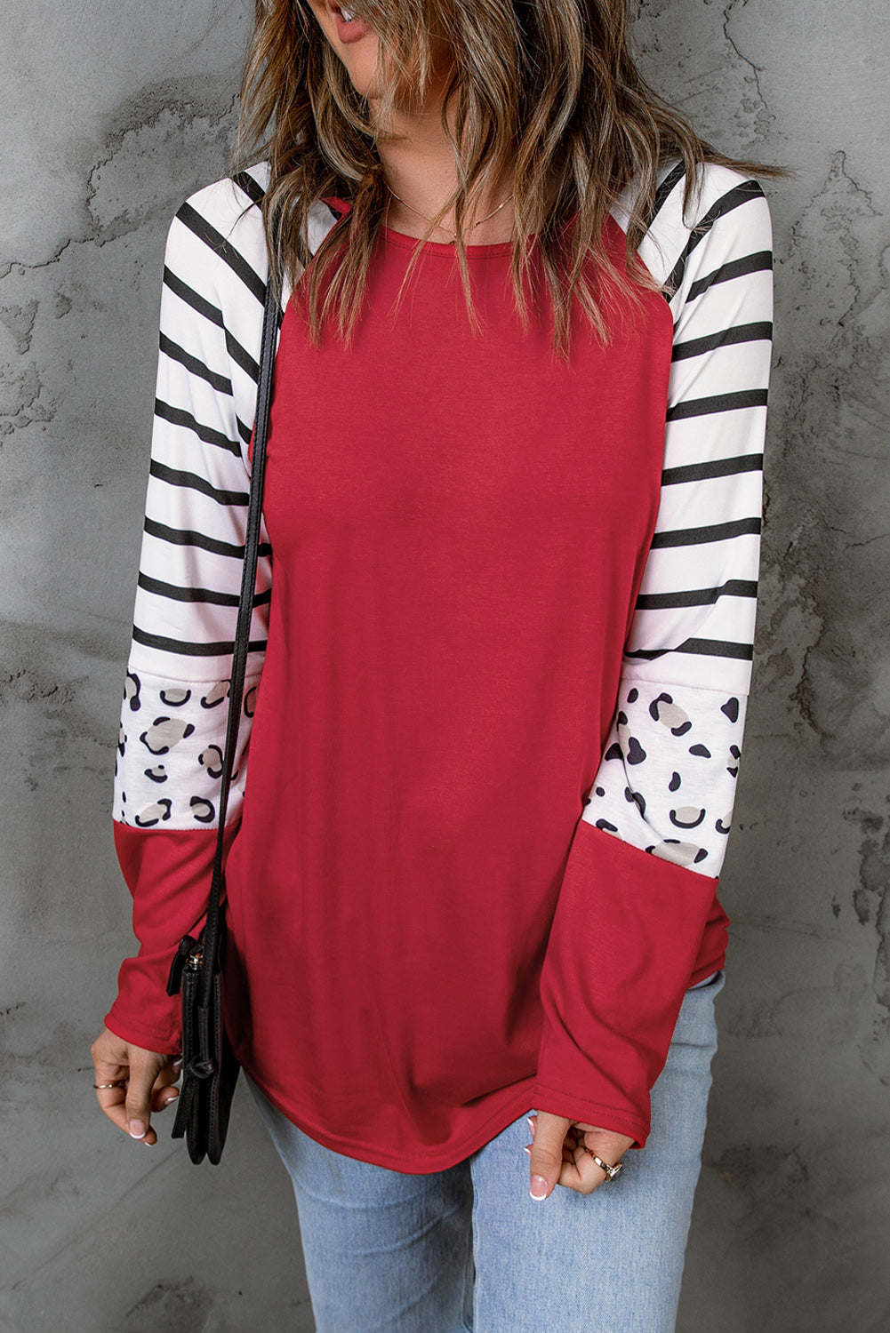 Red Striped Animal Print Colorblock Long Sleeve Top