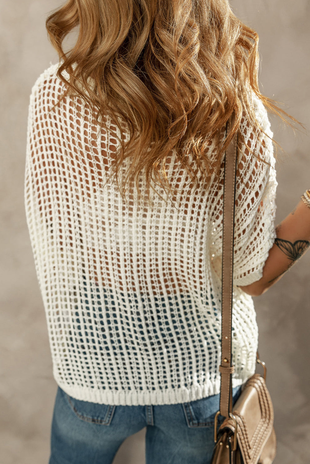 Whit Fishnet Knit Ribbed Round Neck Short Sleeve Sweater Tee