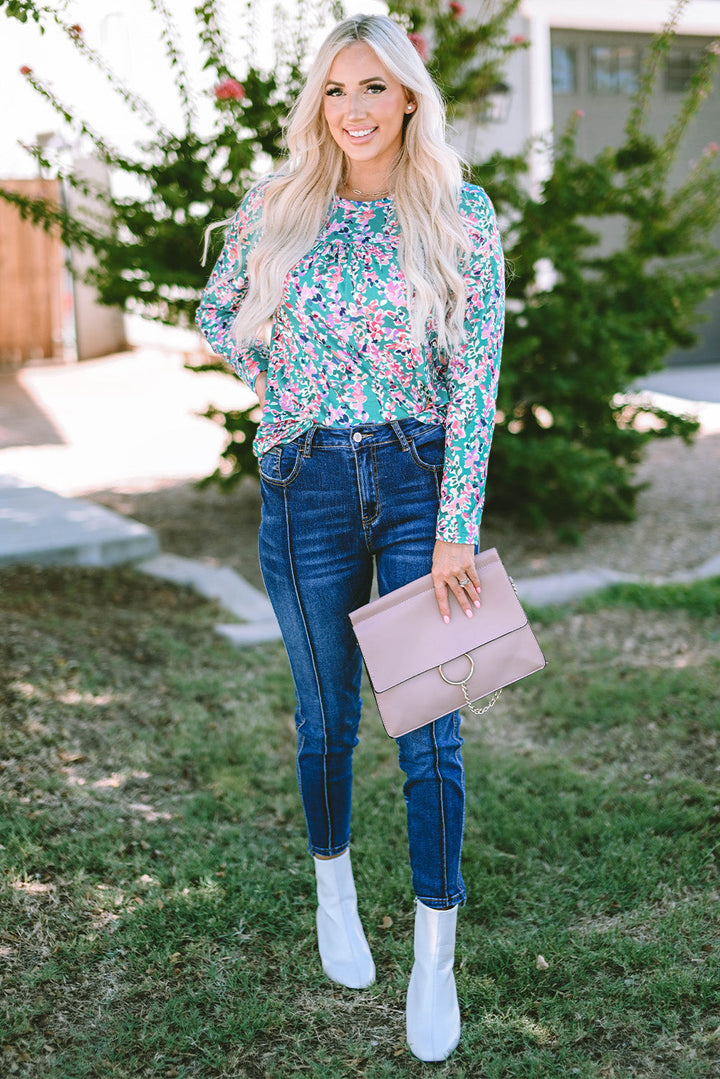 Floral Pleated Round Neck Long Sleeve Blouse