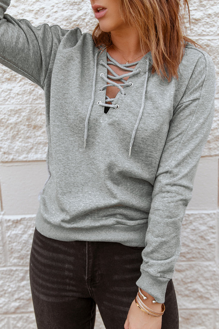 Grey Casual Solid Color Lace-up Hoodie