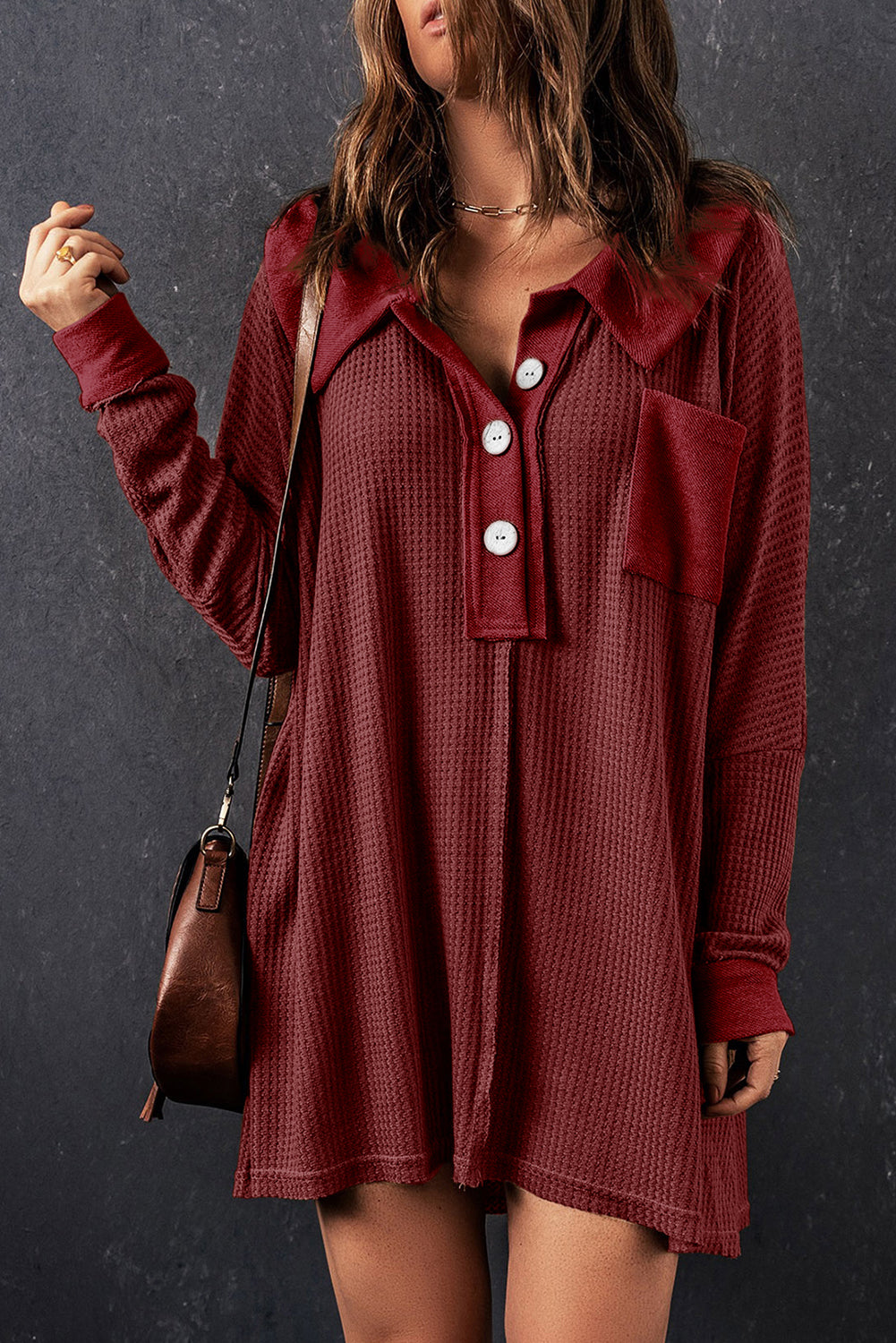 Waffle Knit Buttoned Long Sleeve Top