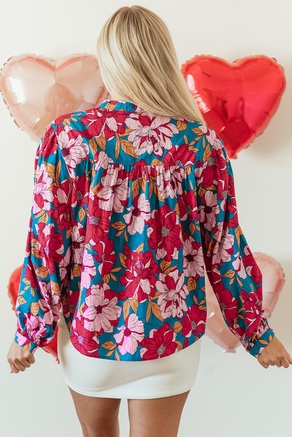 Floral Printed Balloon Sleeve Half Buttons Blouse