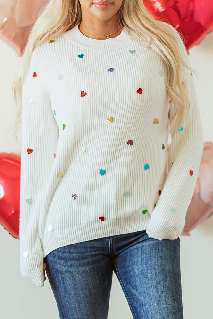 Sequin Heart Shape Waffle Knit Round Neck Sweater