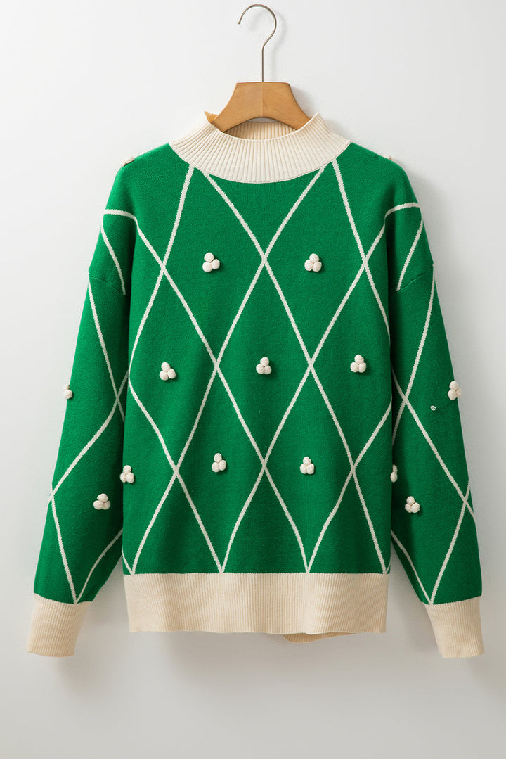 Diamond Pattern Pom Accents Contrast Trim High Neck Sweater