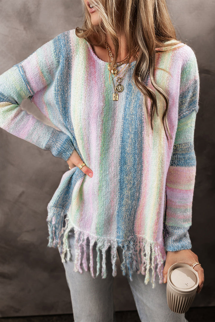 Color Block Fringed Drop Shoulder Tunic Sweater