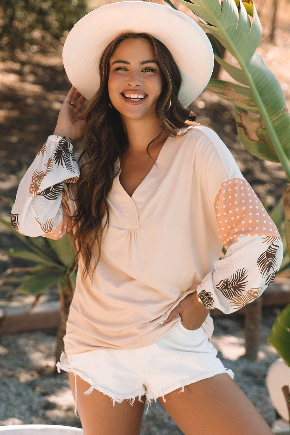 Palm Leaves Polka Dot Puff Sleeve Patchwork V Neck Loose Blouse