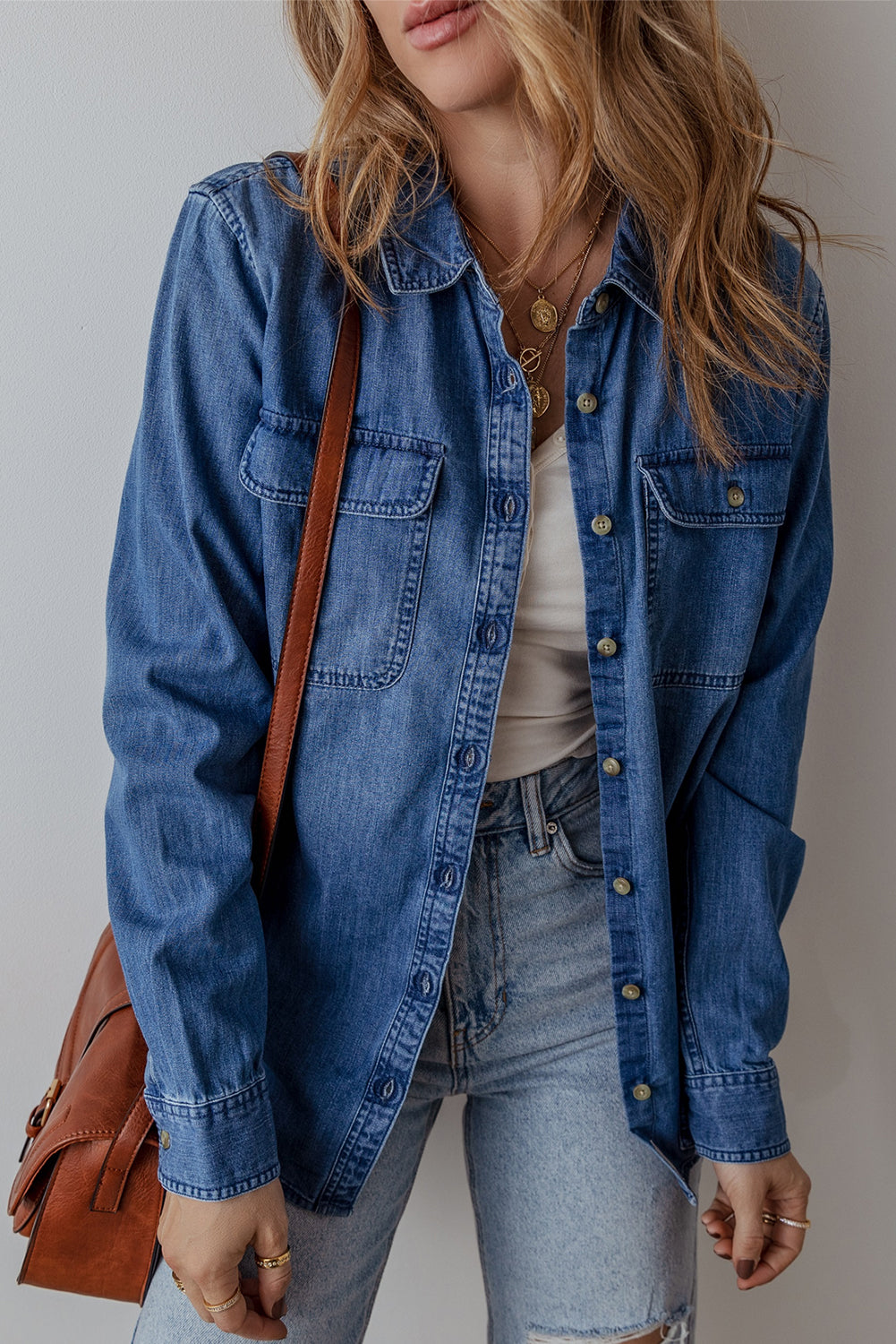 Flap Pocket Button Up Denim Shacket