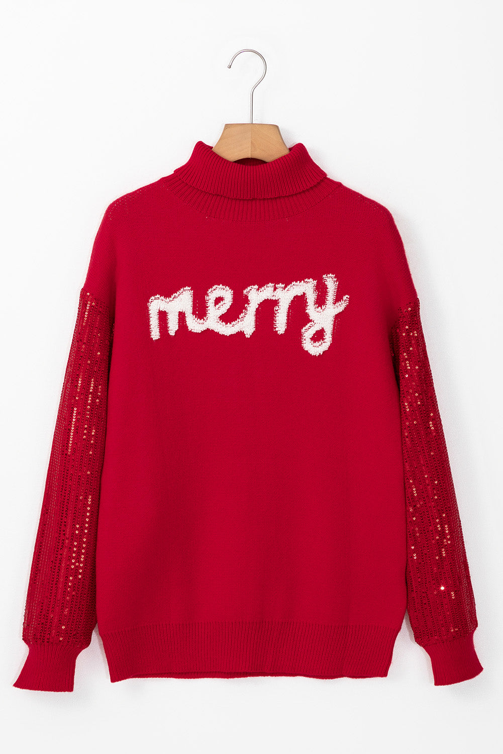 Merry Graphic Sequin Sleeve Turtleneck Sweater