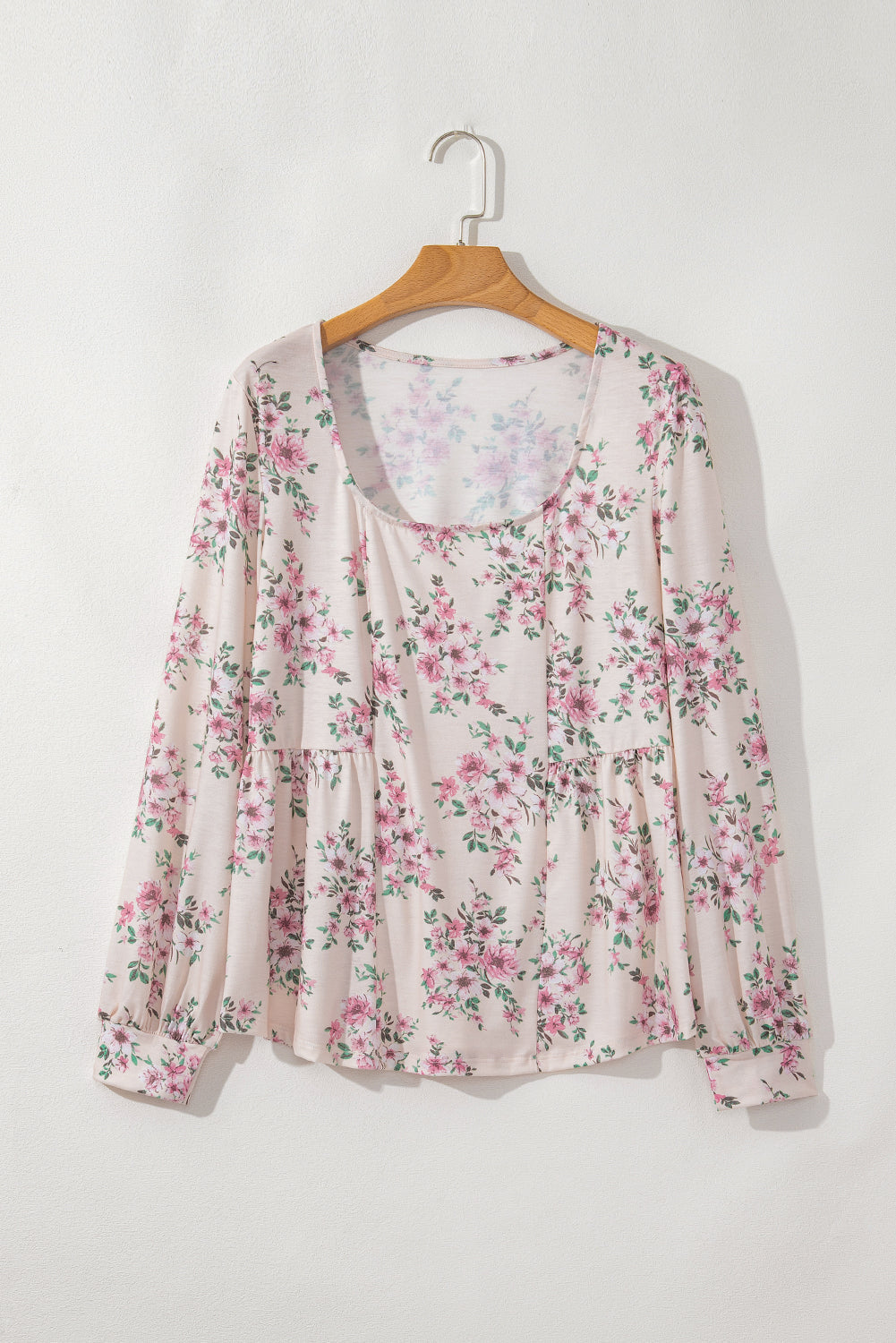 Floral Print Pleated U Neck Loose Fit Blouse