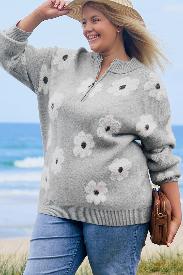 Plus Size Embroidered Floral Pattern Half Zip Sweater