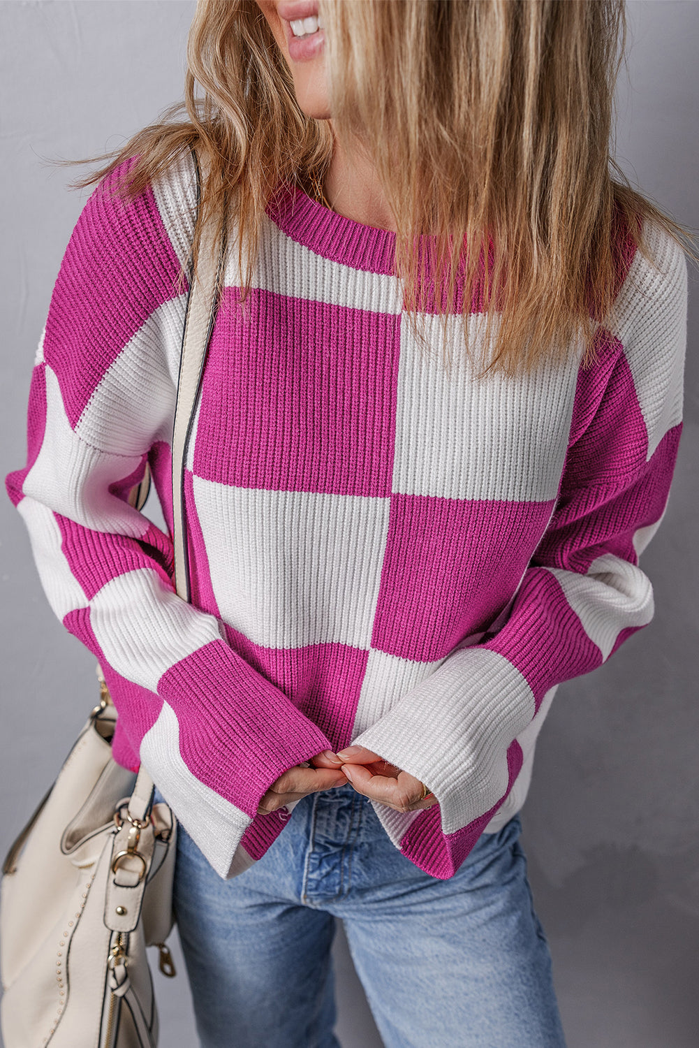 Checkered Round Neck Baggy Sweater