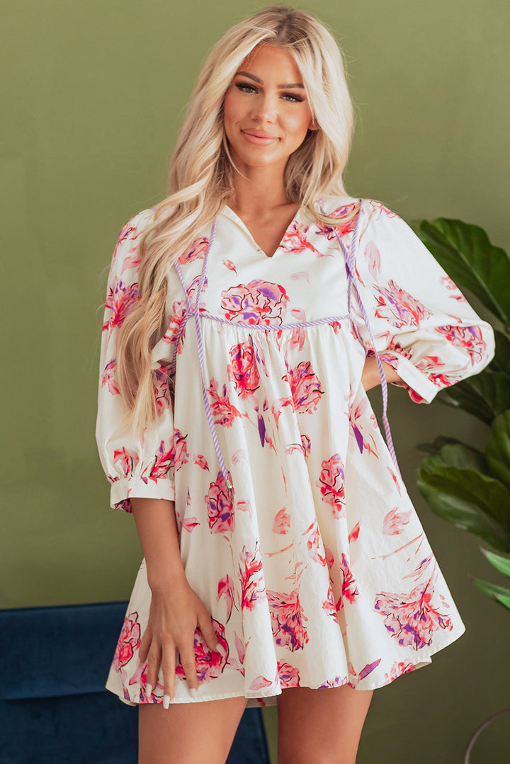 Floral Print Balloon Sleeve V Neck Babydoll Mini Dress