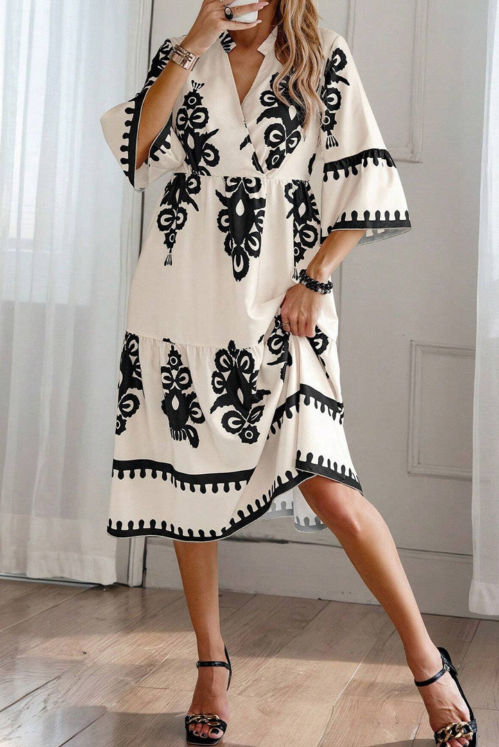 Western Geometric Print 3/4 Sleeve Loose Midi Dress