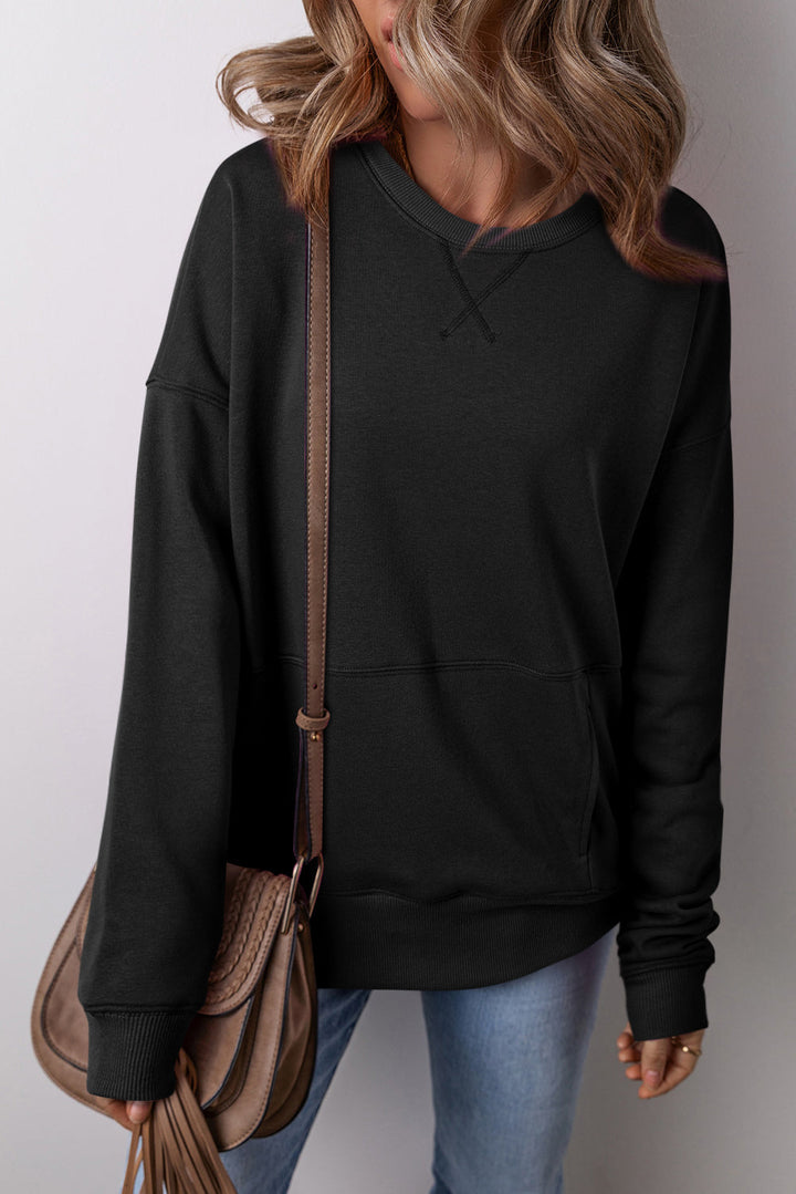 Drop Shoulder Crisscross Stitching Pocketed Loose Sweatshirt