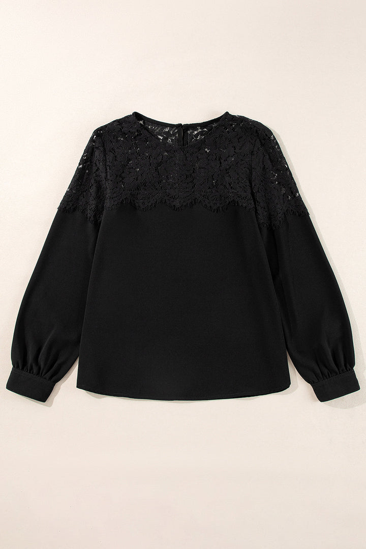 Lace Crochet Patchwork O Neck Long Sleeve Top