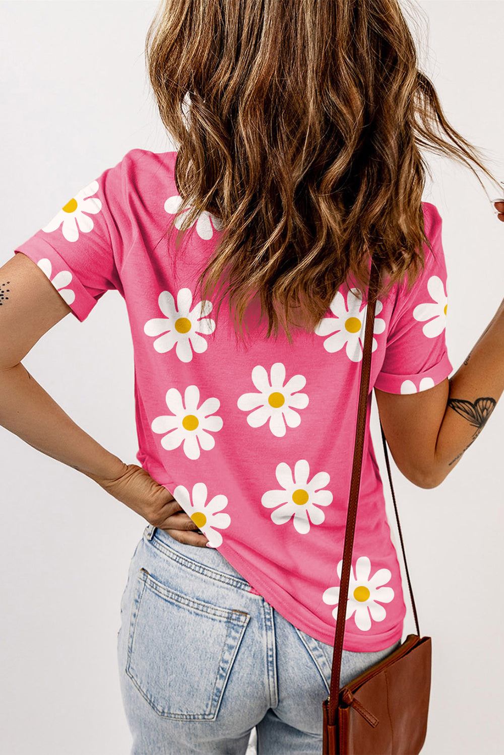 Pink Daisy Printed Crewneck T Shirt