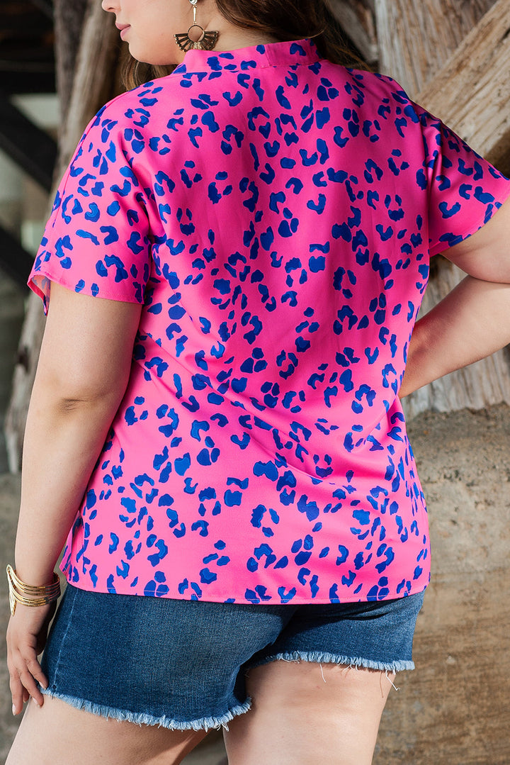 Contrast Leopard Print Plus Size V Neck Blouse