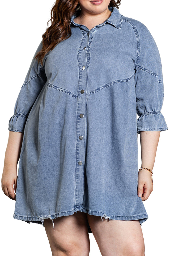 Ruffled 3/4 Sleeve Buttoned Front Plus Size Denim Dress