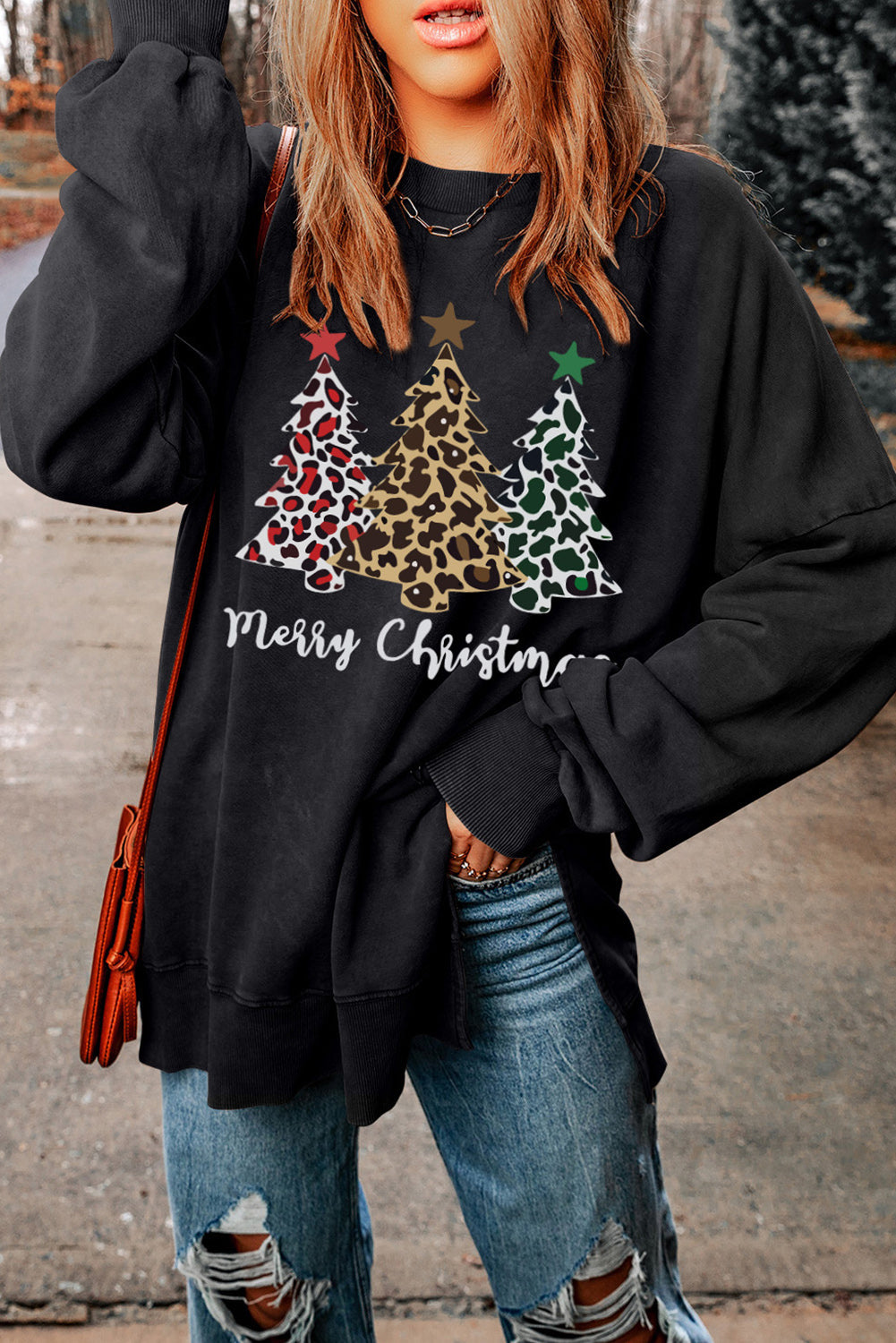 Merry Christmas Leopard Trees Graphic Sweatshirt