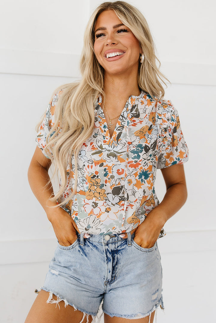 Split V Neck Puff Sleeve Flower Print Blouse