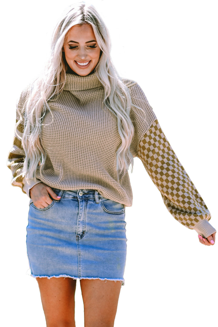 Striped Plaid Patchwork Waffle Knit Turtleneck Sweater