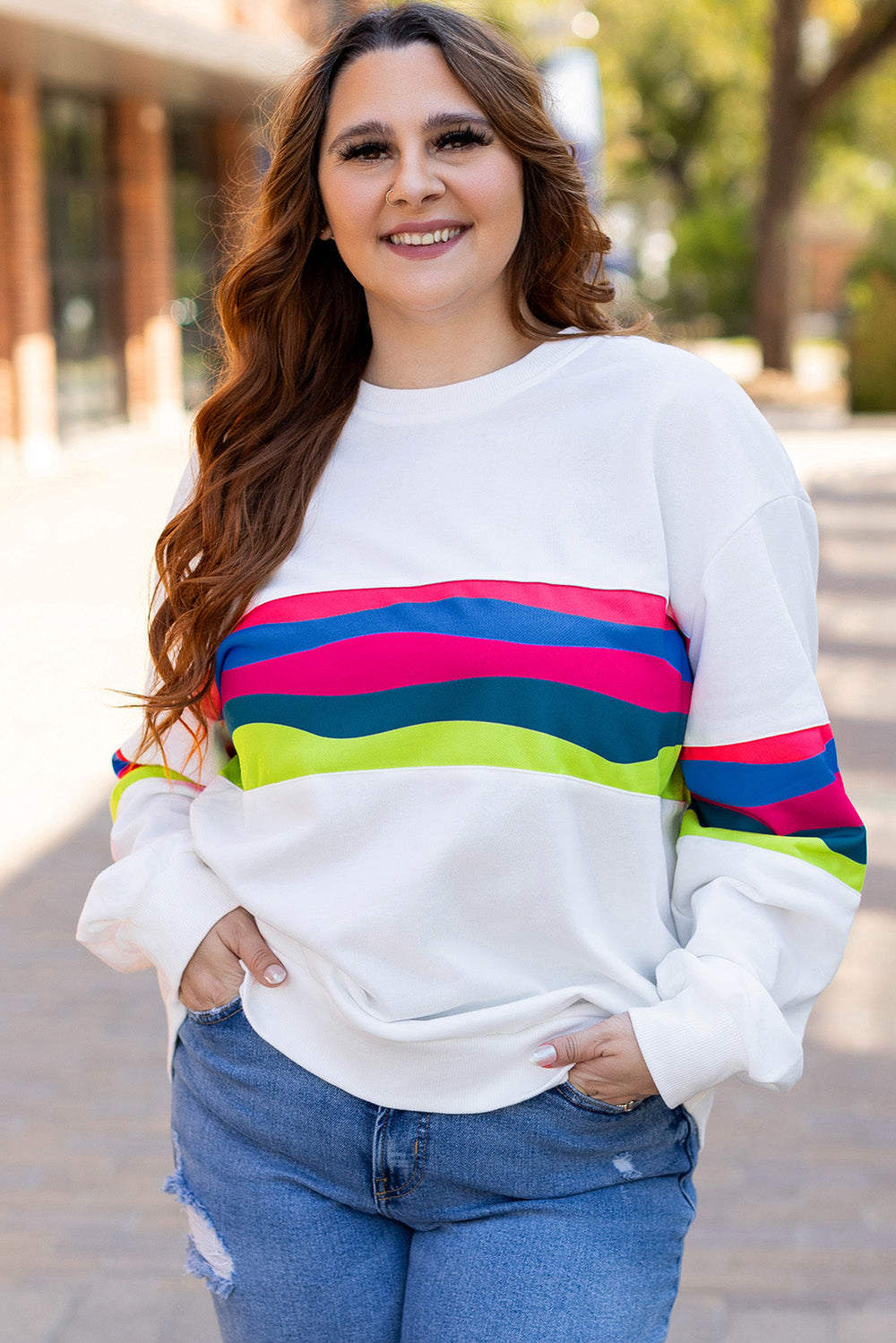 Plus Size Colorful Striped Drop Shoulder Loose Sweatshirt