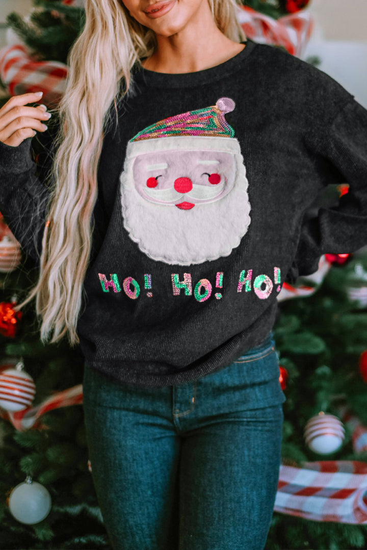 Sequin HO HO HO Santa Claus Graphic Corded Sweatshirt