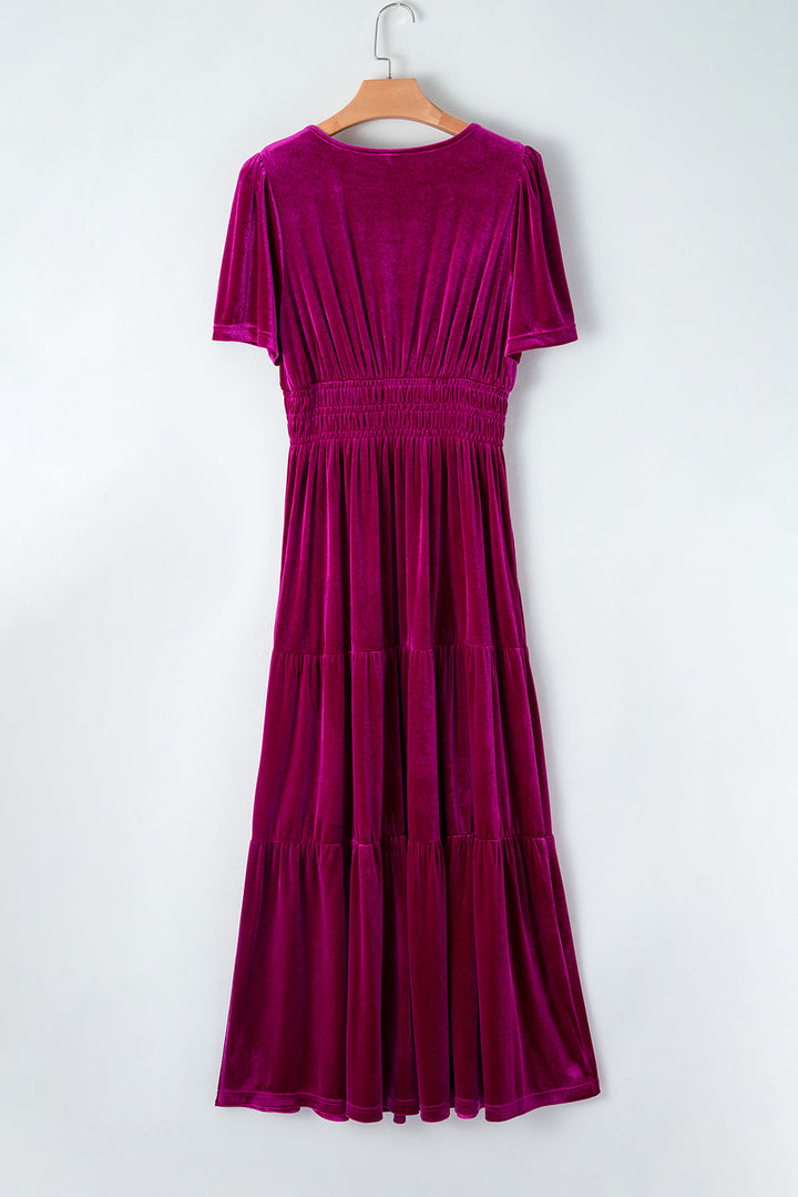 Velvet Short Sleeve Shirred Waist Tiered Maxi Dress