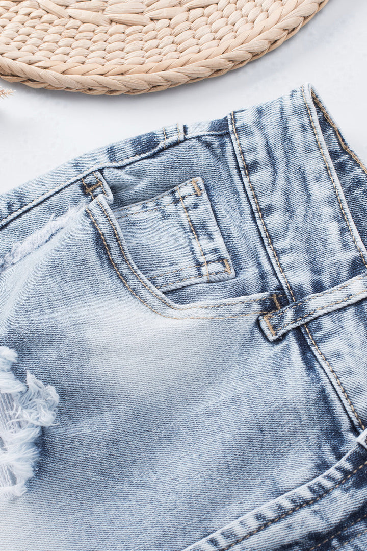 Sky Blue Bleached Wash Distressed Denim Shorts